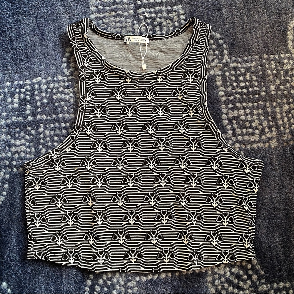 🖤 ZARA BLACK WHITE STRIPE FLORAL CROP TOP! - Picture 7 of 9